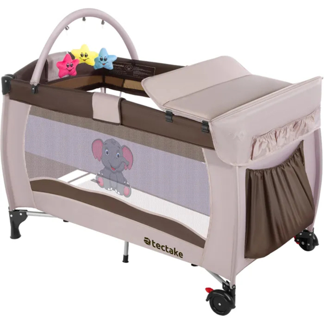 tectake Kids Brown Elephant Travel Cot with Changing Mat - image 1