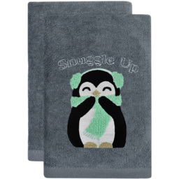 Noel Square Grey Penguins Snuggle Cotton Velour Hand Towel 2 Pack