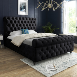 Savana Small Double Black Soft Velvet Upholstered Sleigh Bed Frame with Scrolled Headboard
