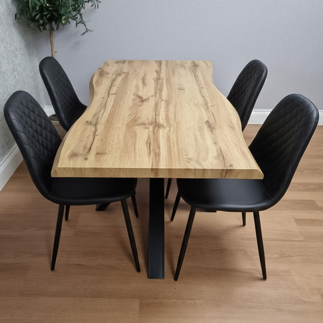 Portland Black Gem Pattern Faux Leather Wooden Tabletop 4 Seater Dining Set - image 1