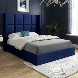Quanta Single Blue Soft Velvet Upholstered Bed Frame with Straight Winged Headboard