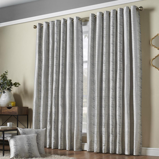 Alan Symonds Flections Jacquard Shimmering Lined Ring Top Eyelet Curtains Silver 167 x 228cm - image 1