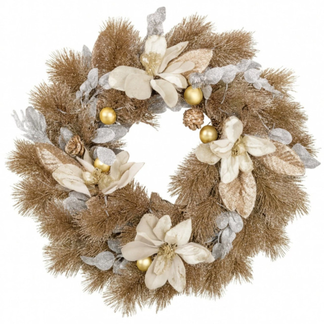 Marco Paul 30 Warm White LED Magnolia Flower Artificial Wreath with Baubles and Pinecones 40cm - image 1