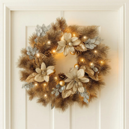 Marco Paul 30 Warm White LED Magnolia Flower Artificial Wreath with Baubles and Pinecones 40cm - thumbnail 2