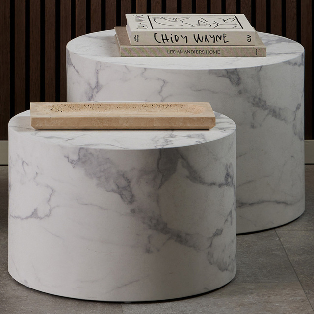 Florence Dice White Marble and Carrara Rough Paper Round Coffee Table Set of 2 - image 1