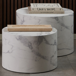 Florence Dice White Marble and Carrara Rough Paper Round Coffee Table Set of 2