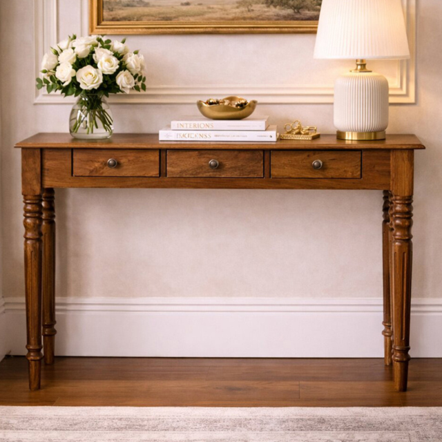 Artisan Furniture Honey Caramel 3 Drawer Solid Wood Console with Turned Legs - image 1