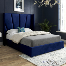 Bellini Blue Small Double Velvet Upholstered Bed Frame with Wide Curved Winged Headboard