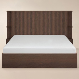 SOLACE+CO Zora Walnut Double Lift-Up Ottoman Bed with Headboard Shelf - thumbnail 3
