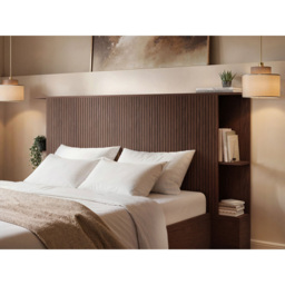 SOLACE+CO Zora Walnut Double Lift-Up Ottoman Bed with Headboard Shelf - thumbnail 4