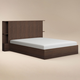 SOLACE+CO Zora Walnut Double Lift-Up Ottoman Bed with Headboard Shelf - thumbnail 2
