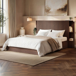 SOLACE+CO Zora Walnut Double Lift-Up Ottoman Bed with Headboard Shelf
