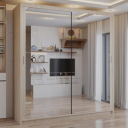 Sliding Wardrobes 4U Chicago Oak 2 Door Mirror Wardrobe with Adjustable Shelves and Hanging Rails