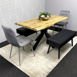 Portland 6 Seater Black and Grey Wood Dining Set with Velvet Chairs and Bench - thumbnail 1