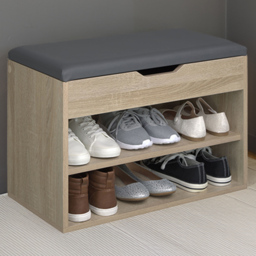 tectake Jasmina Light Sonoma Oak 2 Shelf Shoe Rack Bench with Cushion