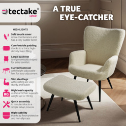 tectake Hygge Boucle Fabric Cream and Black Ergonomic Backrest Armchair with Footstool - thumbnail 3