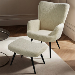 tectake Hygge Boucle Fabric Cream and Black Ergonomic Backrest Armchair with Footstool