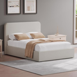 FWStyle Beige King Size Linen Upholstered Lift-Up Ottoman Bed Frame