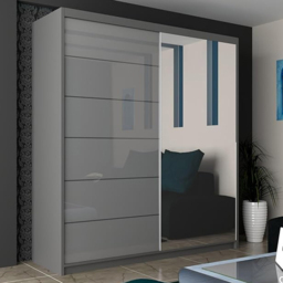 M N Furniture Inovo 2 Door Grey High Gloss Mirrored Sliding Wardrobe 180cm