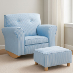 Premier Housewares White and Blue Stripe Kids Rocking Chair with Footstool - thumbnail 1