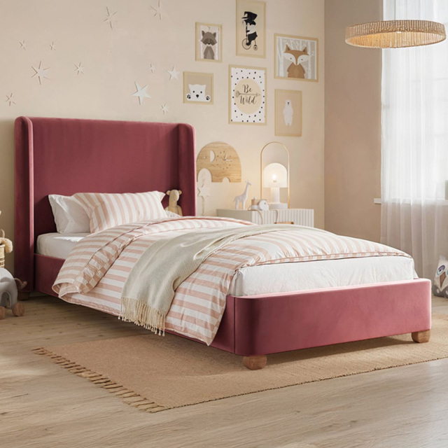 Flair Alma Pink Velvet Fabric Single Bed with Winged Headboard - image 1