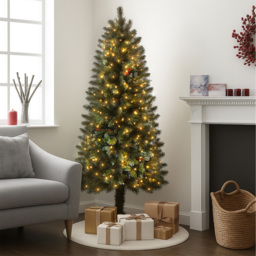 Noel Square Pre-Lit Warm White LED Artificial Half Xmas Tree with Red Berries 5.9ft - thumbnail 2