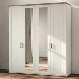 Homebase Truro Boak and White 4 Door Mirrored Hinged Wardrobe with Slate Handles - thumbnail 1