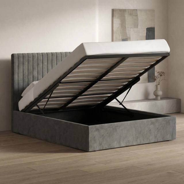 FWStyle Sollom Nickel Double Upholstered Lift-Up Ottoman Bed Frame with Ribbed Headboard
