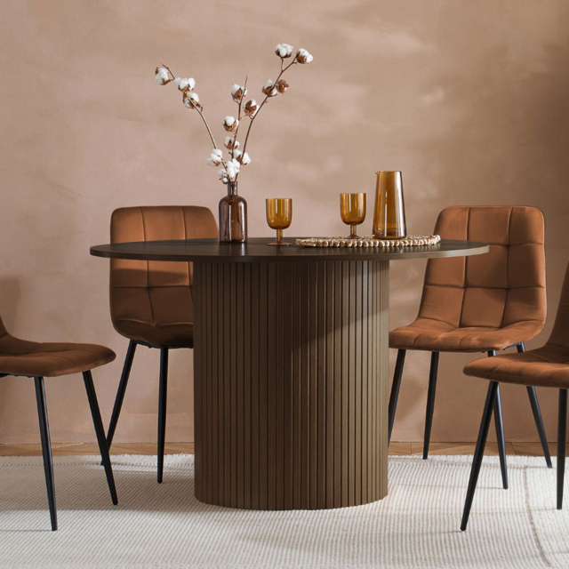 Axel 4 Seater Round Fluted Dining Set Walnut and Russet Fabric - image 1
