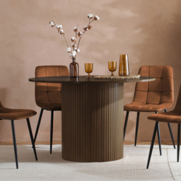 Axel 4 Seater Round Fluted Dining Set Walnut and Russet Fabric