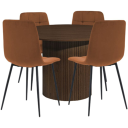 Axel 4 Seater Round Fluted Dining Set Walnut and Russet Fabric - thumbnail 2