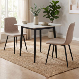 FWStyle Esme Light Brown and Black Linen Upholstered Steel Frame Dining Chair Set of 2