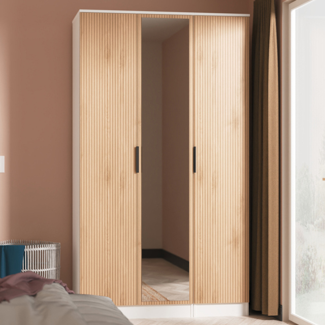 Crowndale Java Slatt Effect and White 3 Door Tall Mirrored Wardrobe Ready Assembled - image 1