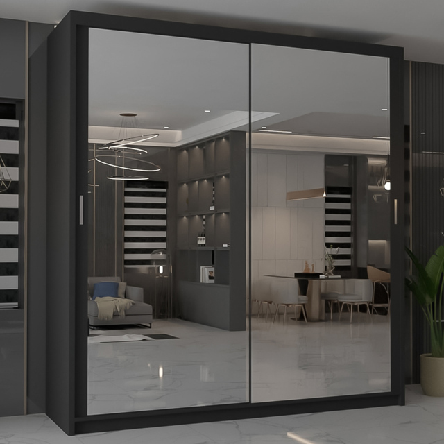M N Furniture Modern Gala 2 Door Black Mirrored Sliding Wardrobe 150cm - image 1