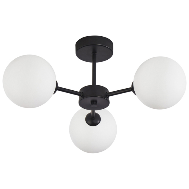 Happy Homewares Matte Black 3 Arm Ceiling Light with Opal White Globe Glass Shades - image 1