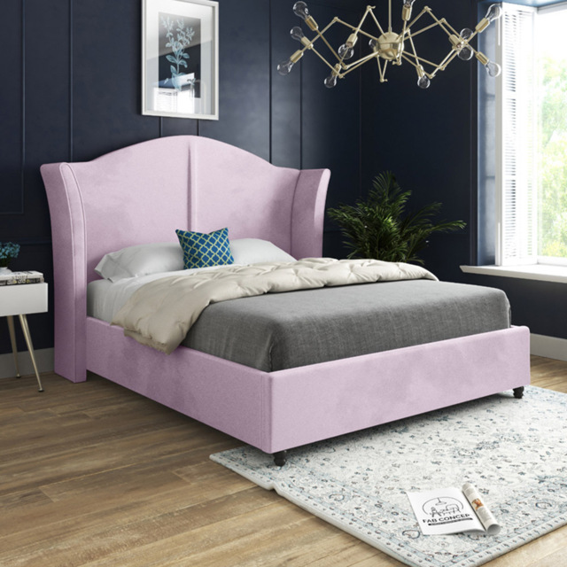 Zampa Small Double Pink Soft Velvet Upholstered Bed Frame with Curved Winged Headboard - image 1