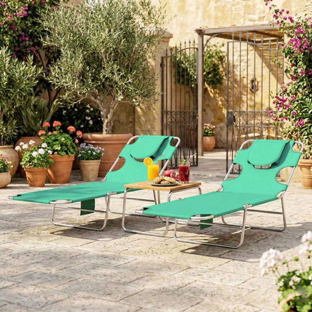 Outsunny Set of 2 Green Foldable Sun Lounger with Reading Hole - image 1
