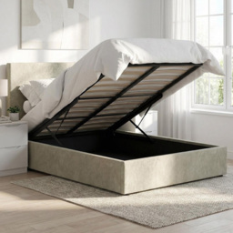 FWStyle Rufford Beige Sand King Size Front Lift Ottoman Bed Frame with Padded Headboard