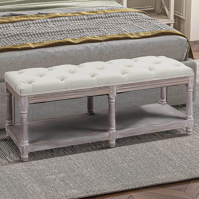 Portland 2 Tier Cream White Button Tufted Seat Vintage Stool - image 1