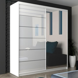 M N Furniture Inovo 2 Door White High Gloss Mirrored Sliding Wardrobe 200cm