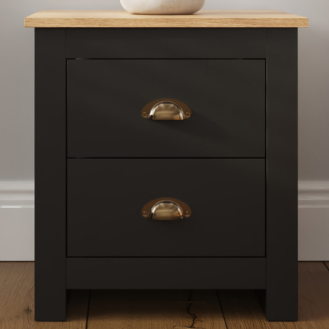 GFW Lancaster Black 2 Drawer Bedside Table with Oak Effect Top - image 1