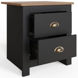 GFW Lancaster Black 2 Drawer Bedside Table with Oak Effect Top - thumbnail 4