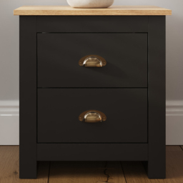 GFW Lancaster Black 2 Drawer Bedside Table with Oak Effect Top - thumbnail 1