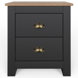 GFW Lancaster Black 2 Drawer Bedside Table with Oak Effect Top - thumbnail 3