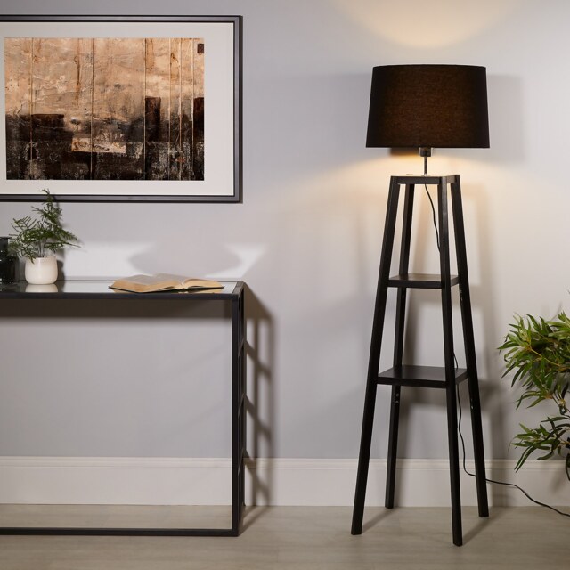 Wooden Plant Stand Floor Lamp - Black