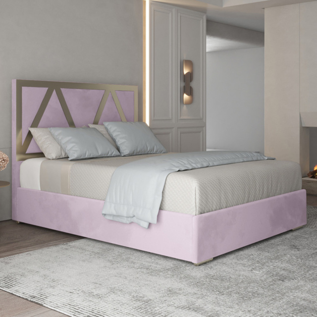 Alison Pink Double Velvet Upholstered Metal Bed Frame with Panelled Headboard - image 1