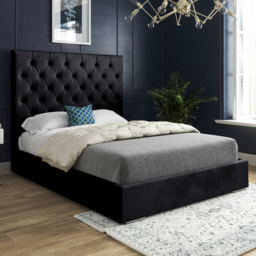 Alma Black Small Single Velvet Upholstered Bed Frame with Chesterfield Headboard