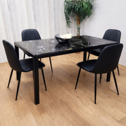 Kosy Koala 4 Seater Glass and Faux Leather Gem Pattern Dining Set Black and Marble Effect
