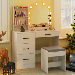 Costway White Vanity Desk and Stool Set with LED Mirror