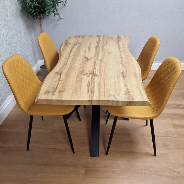 Portland Mustard Gem Pattern Faux Leather Wooden Tabletop 4 Seater Dining Set - image 1